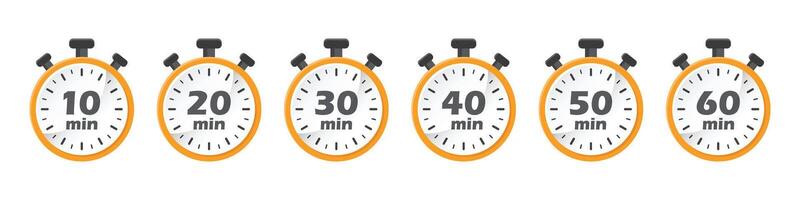 From 10 minutes to 60 minutes on stopwatch icon in flat style. Clock face timer illustration on isolated background. Countdown sign business concept. vector