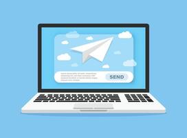 Banner of email marketing with laptop computer icon in flat style. Subscription to newsletter illustration on isolated background. Subscribe, submit sign business concept. vector