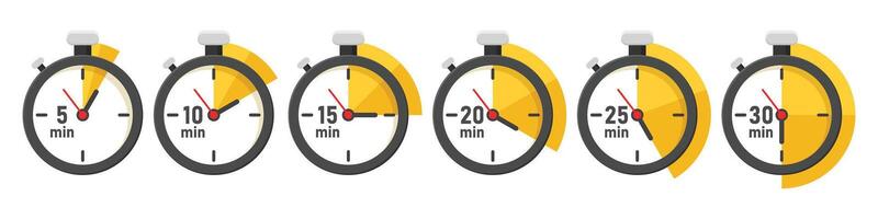 From 5 minutes to 30 minutes on stopwatch icon in flat style. Clock face timer illustration on isolated background. Countdown sign business concept. vector