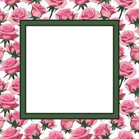card with a square green frame on a background of pink roses vector