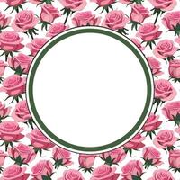 card with a round frame on a background of pink roses vector