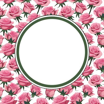card with a round frame on a background of pink roses