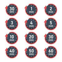 From 30 seconds to 60 minutes on stopwatch icon in flat style. Clock face timer illustration on isolated background. Countdown sign business concept. vector
