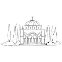 Black and white Jerusalem Dome of the Rock Mosque with colonnade and cypress trees line illustration. Al Aqsa on Temple Mount for coloring. Simple tourist ink sketch vector