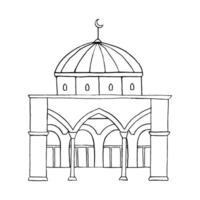 Jerusalem Mosque Dome of the Rock with colonnade black and white line illustration. Al Aqsa on Temple Mount for coloring. Simple tourist ink sketch vector
