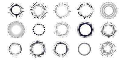 Set of vintage sunburst line elements. Radial sunset beams. illustration. Bursting sun rays, fireworks. Concentric circular patterns isolated on a white background vector