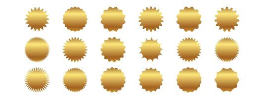Set of gold sunburst stickers. Price tags with zig zag, scallop, wavy edges. Kit of badges, stamps, labels, speech bubbles isolated on white background. vector