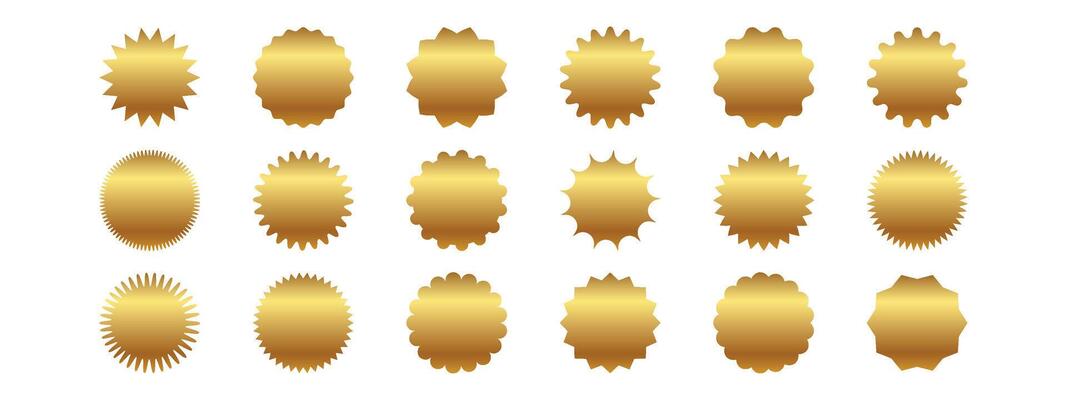 Set of gold sunburst stickers. Price tags with zig zag, scallop, wavy edges. Kit of badges, stamps, labels, speech bubbles isolated on white background.