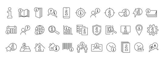 Information center line icon set. Guide, manual, help, hint, answer, tutorial, booklet, leaflet, search, settings, web, book, flyer, reception illustration. Editable Stroke. vector