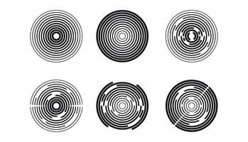 6 concentric circles isolated on a white background. Radial center minimal spirals on white. Radio and sonar wave. Illusion. Pulsation. . vector