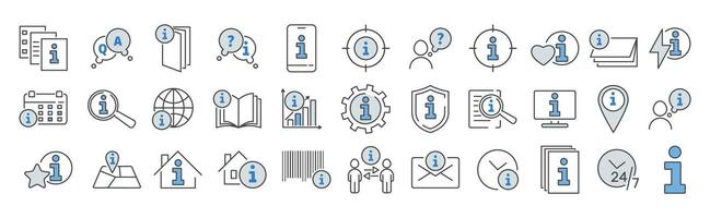 Information center line icon set. Guide, manual, help, hint, answer, tutorial, booklet, leaflet, search, settings, web, book, flyer, reception illustration. Editable Stroke. vector