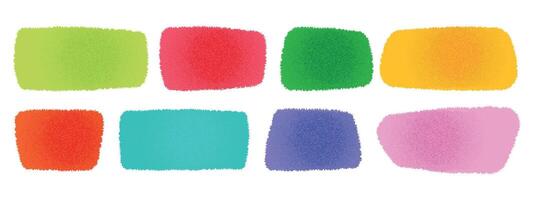 A set of multicolored free-form rectangles with grainy texture. Noise grain dotwork shapes. Green, blue, yellow, red, orange, purple shapes with gradient and jagged edge. illustration vector