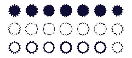 Set of scallop, zigzag, sunburst, starburst black round frame. Price tags or stickers. Circle shape. Kit of badges, stamps, labels, speech bubbles isolated on white background. vector