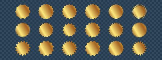 Set of gold sunburst stickers. Price tags with zig zag, scallop, wavy edges. Kit of badges, stamps, labels, speech bubbles isolated on white background. vector