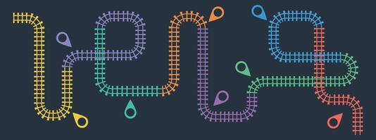 Railroad tracks infographic. Business template with 8 options or steps. Railway simple icon, rail track direction, train tracks colorful illustration on a black background. vector
