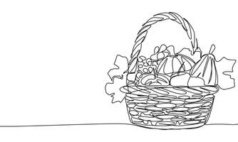 Basket with vegetarian one line continuous. Line art Basket with harvest. Hand drawn art. vector