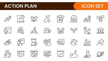 Line icons about action plan. Contains such icons as search strategy, target, scheme, timeline and workflow.Action plan set of web icons in line style. Strategy action planning icons. vector