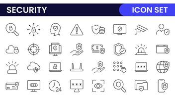 Set of Security web icons in line style. Guard, cyber security, password, smart home, safety, data protection, key, shield, lock, unlock, eye access. Security outline icon set. vector