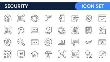 Set of Security web icons in line style. Guard, cyber security, password, smart home, safety, data protection, key, shield, lock, unlock, eye access. Security outline icon set. vector