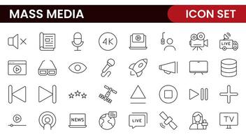 Mass media outline icons large set isolated on white background. media business concept. Media outline icons set. vector