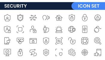 Set of Security web icons in line style. Guard, cyber security, password, smart home, safety, data protection, key, shield, lock, unlock, eye access. Security outline icon set. vector