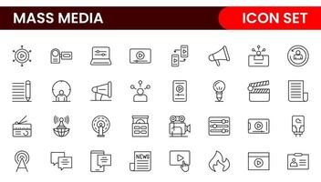 Mass media outline icons large set isolated on white background. media business concept. Media outline icons set. vector