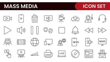 Mass media outline icons large set isolated on white background. media business concept. Media outline icons set. vector
