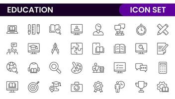 Education line icons collection. Big UI icon set in a flat design. Thin outline icons pack. Thin line icons set of academic subjects and education. Outline symbol collection. vector