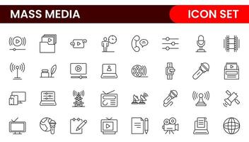 Mass media outline icons large set isolated on white background. media business concept. Media outline icons set. vector