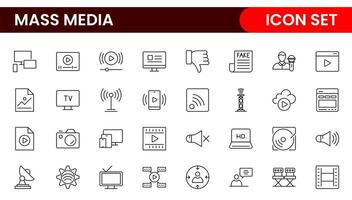 Mass media outline icons large set isolated on white background. media business concept. Media outline icons set. vector