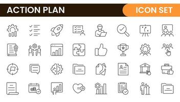 Line icons about action plan. Contains such icons as search strategy, target, scheme, timeline and workflow.Action plan set of web icons in line style. Strategy action planning icons. vector