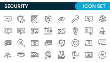 Set of Security web icons in line style. Guard, cyber security, password, smart home, safety, data protection, key, shield, lock, unlock, eye access. Security outline icon set. vector