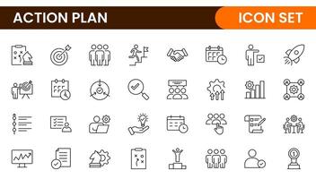 Line icons about action plan. Contains such icons as search strategy, target, scheme, timeline and workflow.Action plan set of web icons in line style. Strategy action planning icons. vector