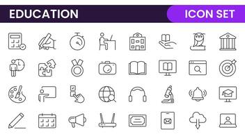 Education line icons collection. Big UI icon set in a flat design. Thin outline icons pack. Thin line icons set of academic subjects and education. Outline symbol collection. vector
