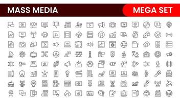 Mass media outline icons large set isolated on white background. media business concept. Media outline icons set. vector