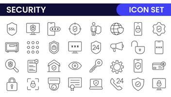 Set of Security web icons in line style. Guard, cyber security, password, smart home, safety, data protection, key, shield, lock, unlock, eye access. Security outline icon set. vector