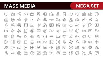 Mass media outline icons large set isolated on white background. media business concept. Media outline icons set. vector