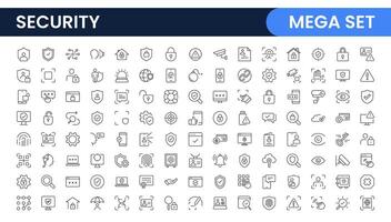 Set of Security web icons in line style. Guard, cyber security, password, smart home, safety, data protection, key, shield, lock, unlock, eye access. Security outline icon set. vector
