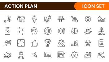 Line icons about action plan. Contains such icons as search strategy, target, scheme, timeline and workflow.Action plan set of web icons in line style. Strategy action planning icons. vector