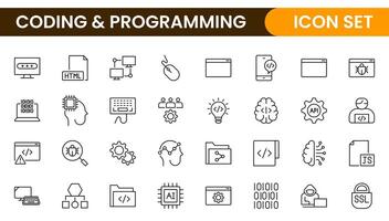 Programming coding set of web icons in line style. Software development icons for web and mobile app. Code, api, programmer, developer, information technology, coder and more. vector