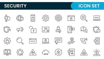 Set of Security web icons in line style. Guard, cyber security, password, smart home, safety, data protection, key, shield, lock, unlock, eye access. Security outline icon set. vector