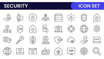 Set of Security web icons in line style. Guard, cyber security, password, smart home, safety, data protection, key, shield, lock, unlock, eye access. Security outline icon set. vector