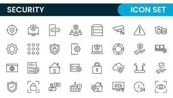 Set of Security web icons in line style. Guard, cyber security, password, smart home, safety, data protection, key, shield, lock, unlock, eye access. Security outline icon set. vector