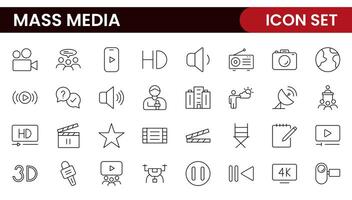 Mass media outline icons large set isolated on white background. media business concept. Media outline icons set. vector