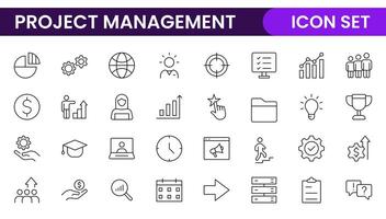 Project Management web icons in line style. Outline icon collection related to Schedule, human resource, management, development, planning, and more. vector