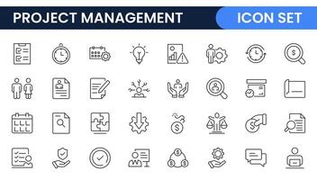 Project Management web icons in line style. Outline icon collection related to Schedule, human resource, management, development, planning, and more. vector