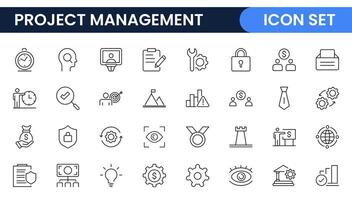 Project Management web icons in line style. Outline icon collection related to Schedule, human resource, management, development, planning, and more. vector