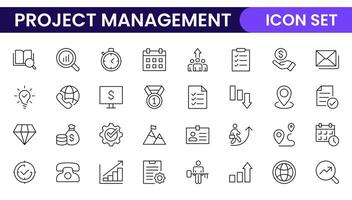 Project Management web icons in line style. Outline icon collection related to Schedule, human resource, management, development, planning, and more. vector