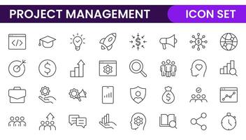 Project Management web icons in line style. Outline icon collection related to Schedule, human resource, management, development, planning, and more. vector