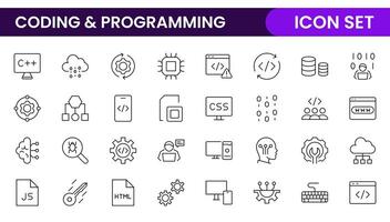 Programming coding set of web icons in line style. Software development icons for web and mobile app. Code, api, programmer, developer, information technology, coder and more. vector